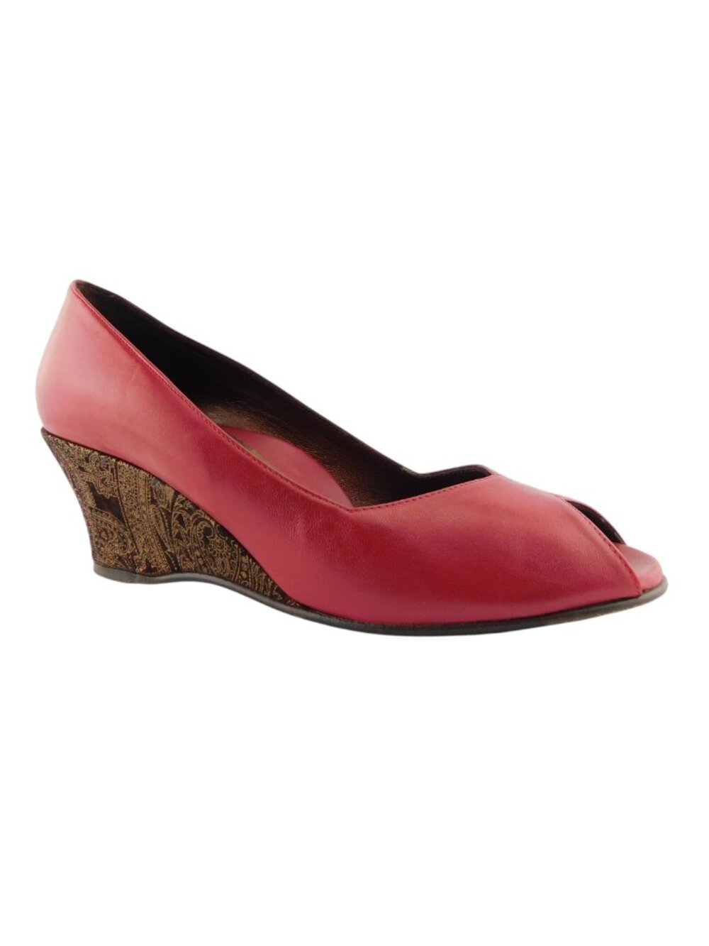 TARYN ROSE Dark Red Leather Peep Toe Brocade Wedge Heel Pumps 38.5